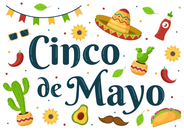 Cinco Mayo Mexikanische Feiertagsillustration Cartoon Stil Mit Kaktus Gitarre Sombrero — Stockvektor