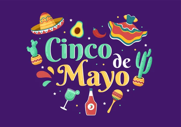 Cinco Mayo Mexikanische Feiertagsillustration Cartoon Stil Mit Kaktus Gitarre Sombrero — Stockvektor