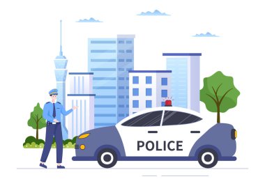 Düz Çizgi Film Biçiminde Polis ve Araba İllüstrasyonu