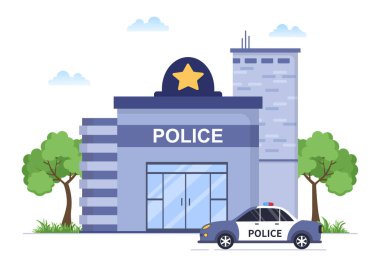 Düz Çizgi Film Biçiminde Polis ve Araba İllüstrasyonu