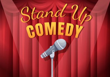 Stand Up Komedi Gösterisi Sahnesi Kırmızı Perdeli ve Açık Mikrofon Sahne Düz Çizgi Çizgi Filmde Komedyen Gösterisine