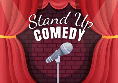 Stand Up Komedi Gösterisi Sahnesi Kırmızı Perdeli ve Açık Mikrofon Sahne Düz Çizgi Çizgi Filmde Komedyen Gösterisine