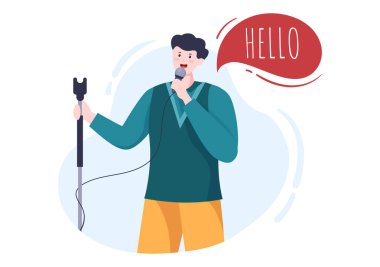 Stand Up Komedi Gösterisi Sahnesi Kırmızı Perdeli ve Açık Mikrofon Sahne Düz Çizgi Çizgi Filmde Komedyen Gösterisine