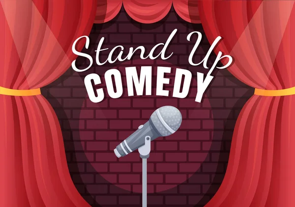 Stand Comedy Show Theater Scene Met Rode Gordijnen Open Microfoon — Stockvector