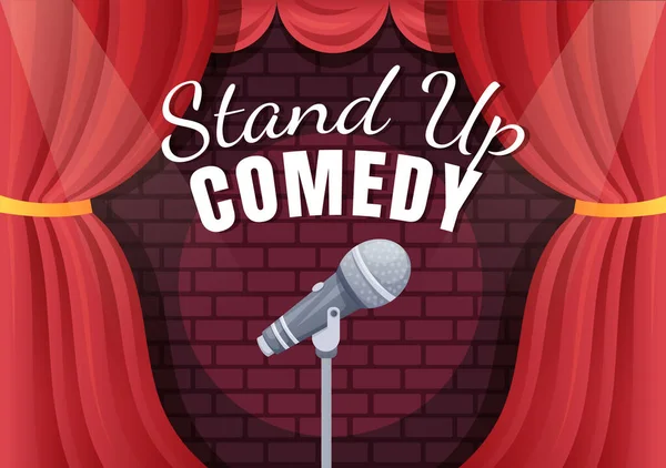 Stand Comedy Show Scène Théâtre Avec Rideaux Rouges Microphone Ouvert — Image vectorielle