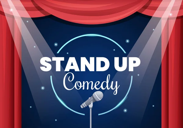 Stand Comedy Show Cena Teatro Com Cortinas Vermelhas Microfone Aberto — Vetor de Stock