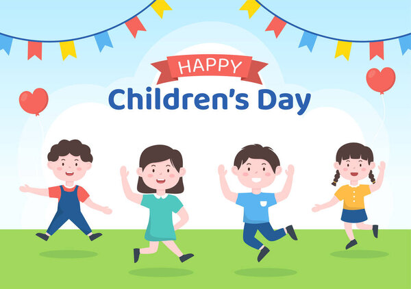 Happy Children's Day Celebration With Boys and Girls Playing in Cartoon Characters Background Illustration Suitable for Greeting Cards or Posters