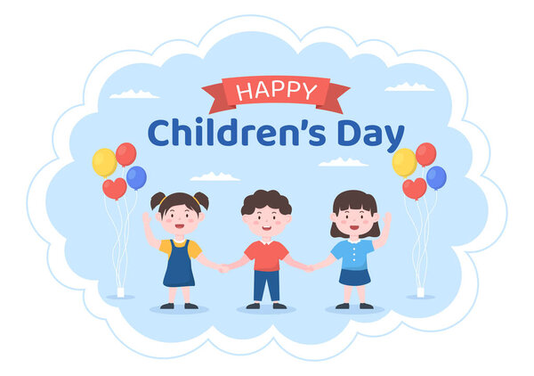 Happy Children's Day Celebration With Boys and Girls Playing in Cartoon Characters Background Illustration Suitable for Greeting Cards or Posters