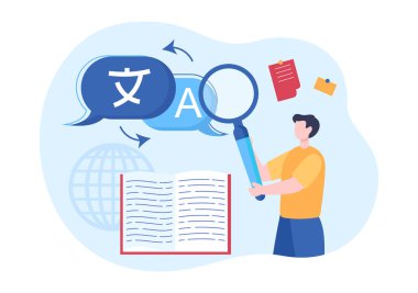 Çevirmen ya da Çeviri Dili İllüstrasyonu. Farklı Ülkeler ve Çok Dilli Uluslararası İletişim Çizgi Filmi Tasarımı 'nda merhaba deyin.