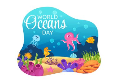 Sualtı Sahnesi, Çeşitli Balık Hayvanları, Mercan ve Deniz Bitkileriyle Dünya Okyanus Günü Çizgi Filmleri Korumaya ve Korumaya Adanmıştır