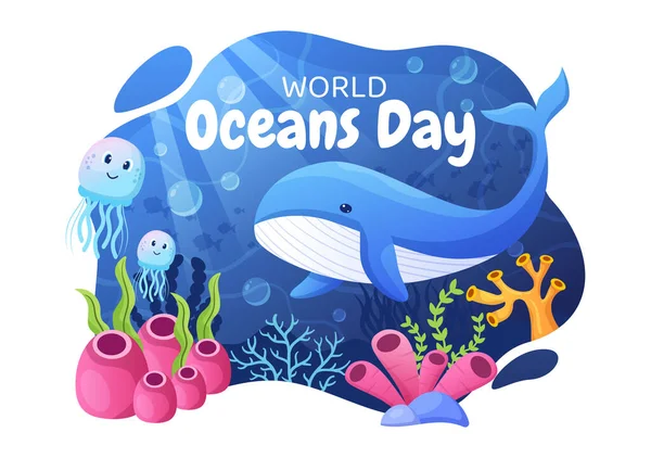 World Ocean Day Cartoon Illustration Underwater Scenery Various Fish Animals — ストックベクタ