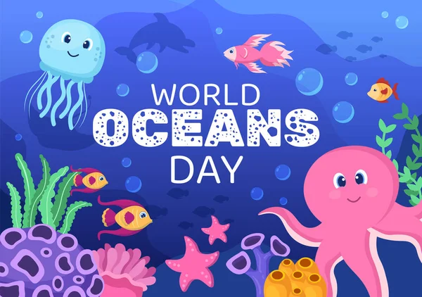 Ilustração Dos Desenhos Animados Dia Mundial Oceano Com Paisagens Subaquáticas —  Vetores de Stock