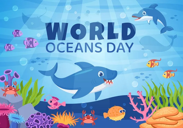 World Ocean Day Cartoon Illustration Underwater Scenery Various Fish Animals — Vector de stock