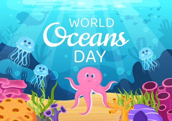 World Ocean Day Cartoon Illustration Underwater Scenery Various Fish Animals — Vector de stock