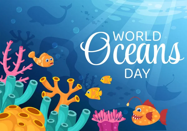 World Ocean Day Cartoon Illustration Underwater Scenery Various Fish Animals — 스톡 벡터