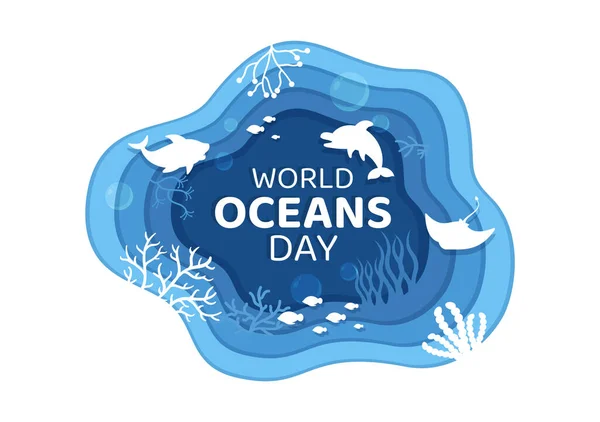 World Ocean Day Cartoon Illustration Underwater Scenery Various Fish Animals — Vector de stock