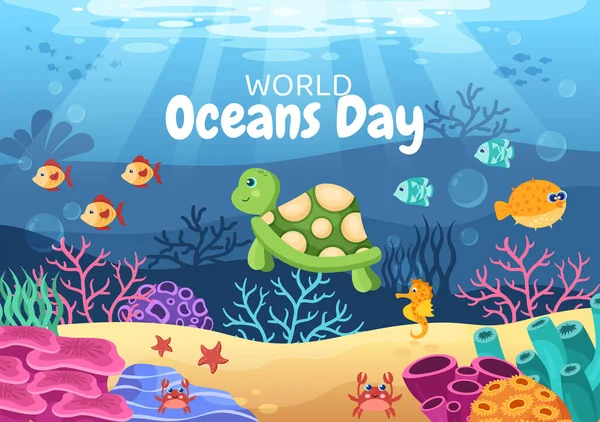 World Ocean Day Cartoon Illustration Underwater Scenery Various Fish Animals — ストックベクタ