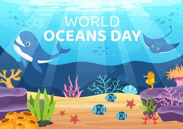 Sualtı Sahnesi, Çeşitli Balık Hayvanları, Mercan ve Deniz Bitkileriyle Dünya Okyanus Günü Çizgi Filmleri Korumaya ve Korumaya Adanmıştır
