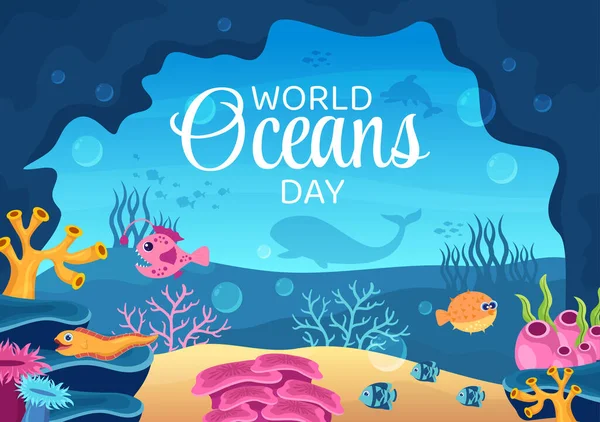 Illustration Dessins Animés Journée Mondiale Océan Avec Des Paysages Sous — Image vectorielle