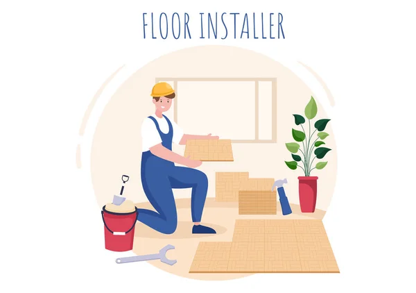 Floor Installation Cartoon Illustration Repairman Laying Professional Parquet Wood Tile — Archivo Imágenes Vectoriales