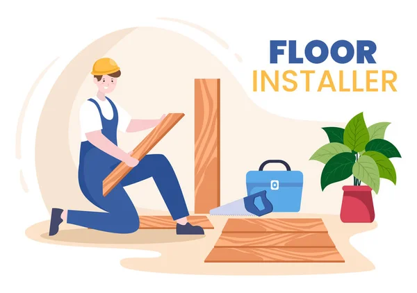 Floor Installation Cartoon Illustration Repairman Laying Professional Parquet Wood Tile — Vetor de Stock