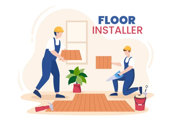 Floor Installation Cartoon Illustration Repairman Laying Professional Parquet Wood Tile — Image vectorielle