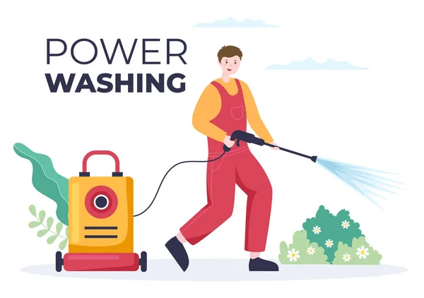 Power Washing Machine Cleaner Com Várias Ferramentas Limpeza Serviço Limpeza — Vetor de Stock