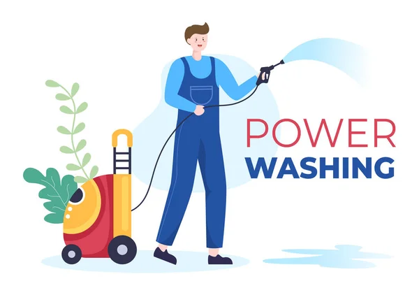 Power Washing Machine Cleaner Various Cleaning Tools Cleanup Service Flat — стоковий вектор