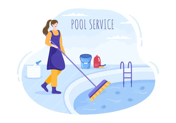 Swimming Pool Service Worker Broom Vacuum Cleaner Net Maintenance Cleaning — Stock Vector