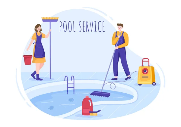 Swimming Pool Service Worker Broom Vacuum Cleaner Net Maintenance Cleaning — Stock Vector