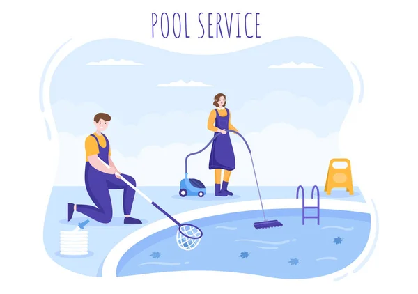 Swimming Pool Service Worker Broom Vacuum Cleaner Net Maintenance Cleaning — стоковий вектор