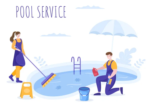 Swimming Pool Service Worker Broom Vacuum Cleaner Net Maintenance Cleaning — 스톡 벡터