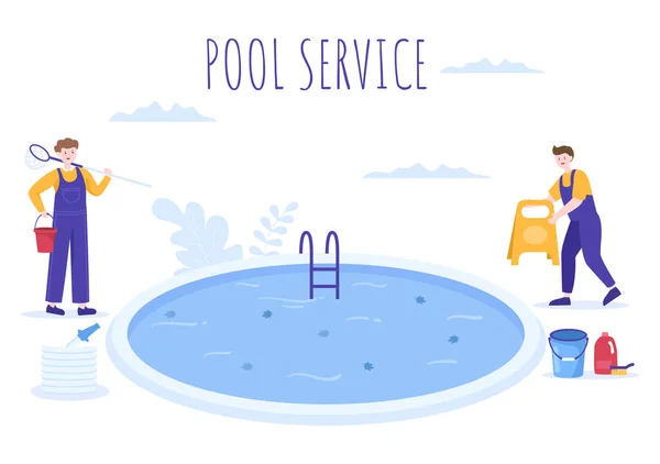 Swimming Pool Service Worker Broom Vacuum Cleaner Net Maintenance Cleaning — 스톡 벡터