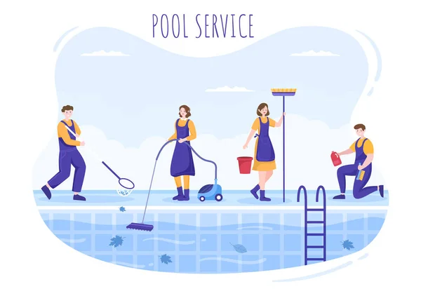 Trabajador Servicio Piscina Con Escoba Aspiradora Red Para Mantenimiento Limpieza — Vector de stock