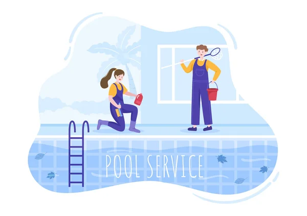 Zwembad Service Werknemer Met Broom Stofzuiger Net Voor Het Onderhoud — Stockvector