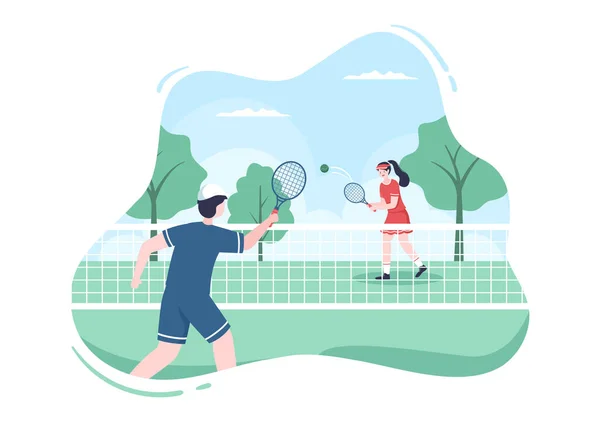 Tennis Player Racket Hand Ball Court People Doing Sports Match — Vector de stock