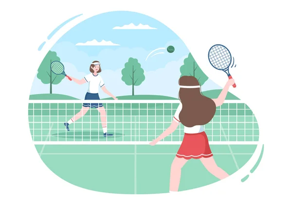 Tennisspelare Med Racket Hand Och Boll Domstolen Människor Som Gör — Stock vektor