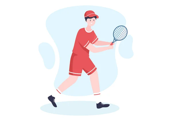 コート上の手とボールでラケットを持つテニス選手 フラット漫画イラストでスポーツマッチをする人 — ストックベクタ
