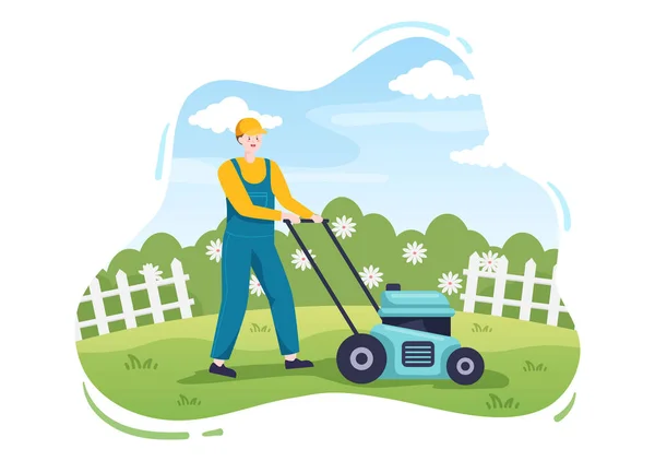 Lawn Mower Cutting Green Grass Trimming Care Page Garden Flat — Vector de stock