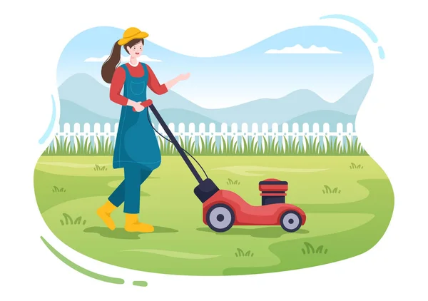 Çim Biçme Makinesi Yeşil Çim Biçme Sayfa Bahçede Çiçek Bakım — Stok Vektör