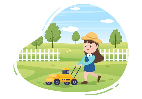 Lawn Mower Cutting Green Grass Trimming Care Page Garden Flat — стоковий вектор