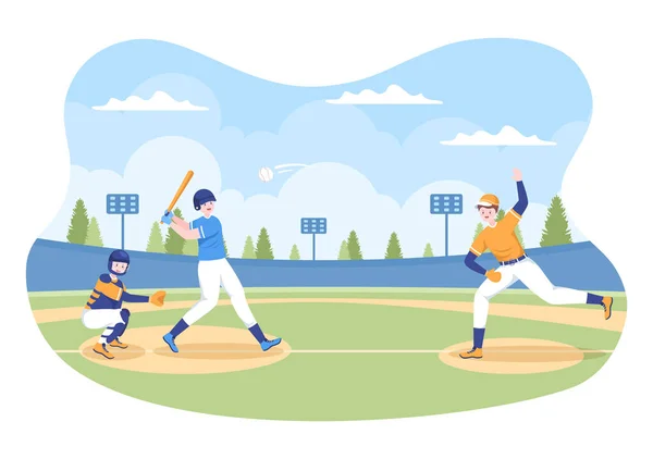 Baseball Player Sports Throwing Catching Hitting Ball Bats Gloves Wearing — Stock Vector