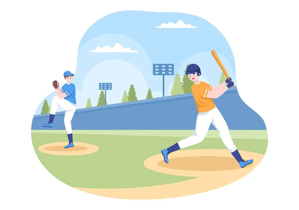 在平面卡通图例中 棒球运动员在球场上抛掷 接球或用球棒和手套击打球衣 — 图库矢量图片
