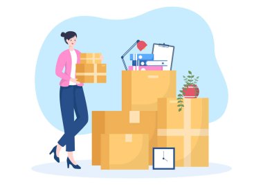 Ev Taşımacılığı ya da Karton Paket Kutuları ile Taşınan İnsanlar ya da Paket Alanları Düz Çizgi Çizgi Çizimde Yenilere Taşı