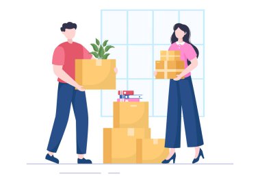 Ev Taşımacılığı ya da Karton Paket Kutuları ile Taşınan İnsanlar ya da Paket Alanları Düz Çizgi Çizgi Çizimde Yenilere Taşı