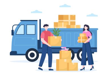 Ev Taşımacılığı ya da Karton Paket Kutuları ile Taşınan İnsanlar ya da Paket Alanları Düz Çizgi Çizgi Çizimde Yenilere Taşı