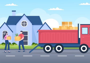 Ev Taşımacılığı ya da Karton Paket Kutuları ile Taşınan İnsanlar ya da Paket Alanları Düz Çizgi Çizgi Çizimde Yenilere Taşı