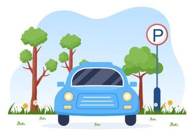 Flat Flat Arkaplan Çizgi Filmcilik 'teki Kamu Otoparkında Bilet Resimli Vale Otoparkı ve Çoklu Arabalar