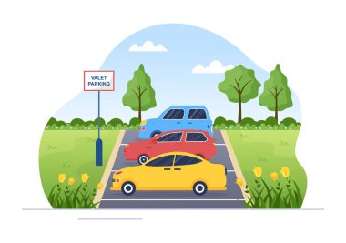 Flat Flat Arkaplan Çizgi Filmcilik 'teki Kamu Otoparkında Bilet Resimli Vale Otoparkı ve Çoklu Arabalar