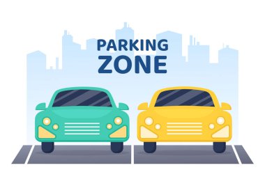 Flat Flat Arkaplan Çizgi Filmcilik 'teki Kamu Otoparkında Bilet Resimli Vale Otoparkı ve Çoklu Arabalar